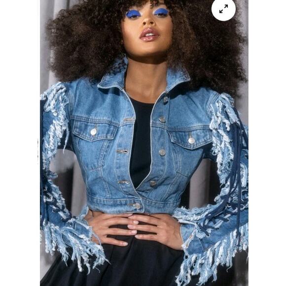 Azalea Wang Jackets & Blazers - Azalea Wang Blue Denim Jacket Cropped Lace Up Sleeve Fringe Rocker Sz Large